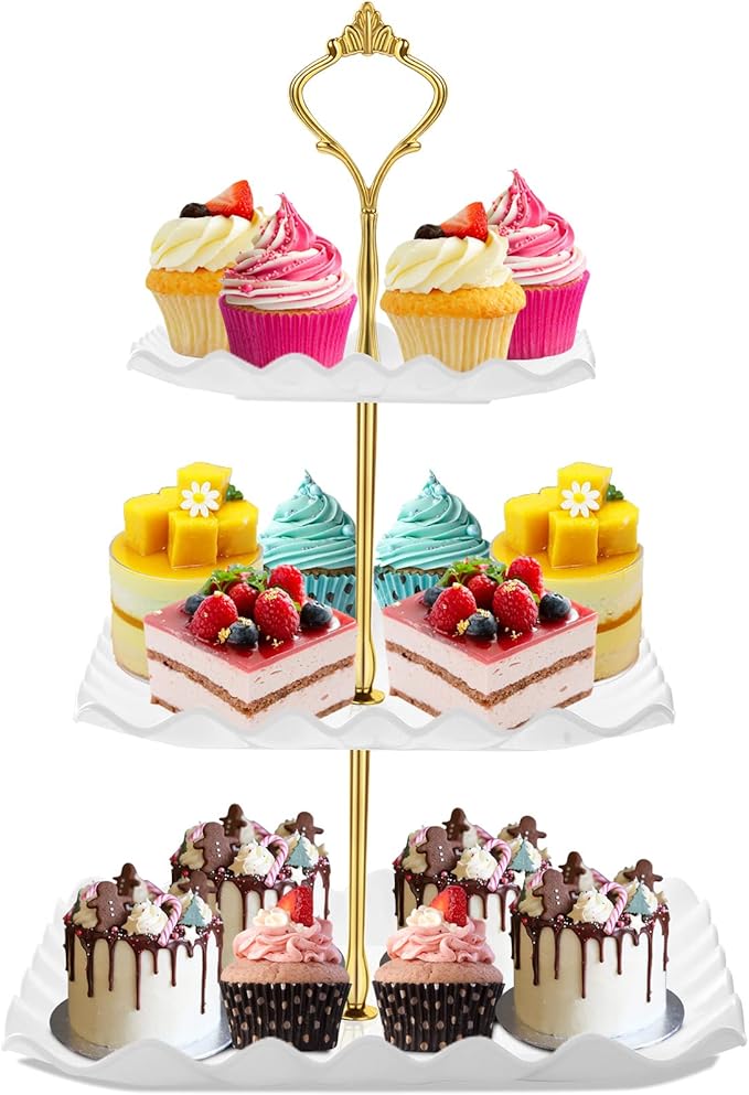DAFURIET Dessert Cupcake Stand, 3 Tier Cup Cake Holder Tower for Tea Party/Birthday/Wedding, Plastic Tiered Serving Tray with Metal Rod, White