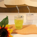 Ribbed Glass Tumbler with Lids and Straws, Vintage Clear Glass cups, Large capacity, Unbreakable, Fluted Design, Ideal for Travel, Iced Coffee,Smoothie, Tea, Latte, Gift (2pc 14oz)