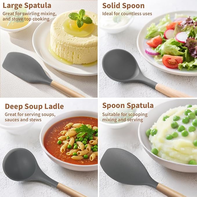 77L Silicone Cooking Utensils Set with Holder 32 PCS, Non-Stick Kitchen Cooking Utensils Set, Spatula, Turner, Tongs, Spatula, Spoon, Wooden Handle Kitchen Gadgets Utensil Set, Dishwasher Safe