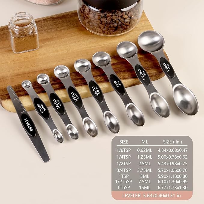 Pack of 8 Stainless Steel Magnetic Measuring Spoons Set, Dual Sided, Stackable, Adjustable Teaspoon and Tablespoon Measure Spoon with Leveler, Kitchen Gadgets Set 5