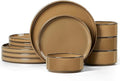 LIANYU Dinnerware Plates and Bowls Sets for 4, 12 Piece Modern Stoneware Dishes Set, Elegant Ceramic Dining Dishware for Dinner, Rustic Terracotta Bottom, Microwave & Dishwasher Safe, Amber Gold