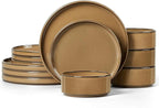 LIANYU Dinnerware Plates and Bowls Sets for 4, 12 Piece Modern Stoneware Dishes Set, Elegant Ceramic Dining Dishware for Dinner, Rustic Terracotta Bottom, Microwave & Dishwasher Safe, Amber Gold