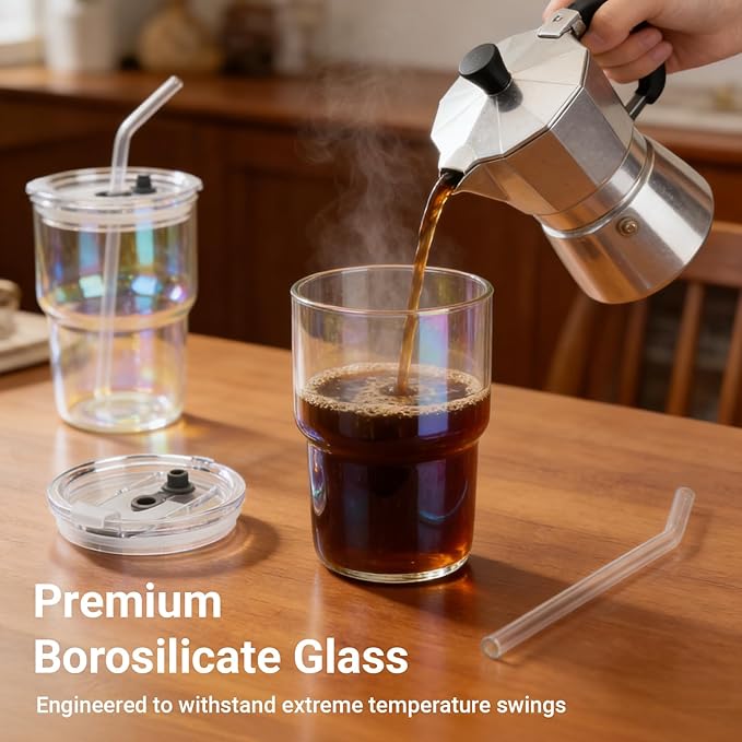 Luxfuel 16 oz Glass Tumbler with Lid & Straw, Reusable Iced Coffee Cup & Smoothie Cup, Leak-Proof Borosilicate Glass for Coffee, Iced Tea, Water – 2 Pack, Ideal for Office, Home & Travel, Iridescent