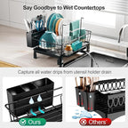 GSlife Small Dish Drying Rack for Kitchen Counter with Sponge Holder - Compact Dish Drainer for RV, Camper and Apartment, Rust-Resistant Wire Rack with Drainboard & Utensil Holder (Black)