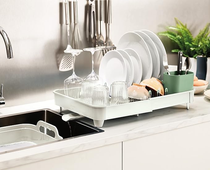 Joseph Joseph Extend Expandable Dish Drainer Rack with Removable Flatware Holder Swivel Draining Spout - Stone/Sage Green