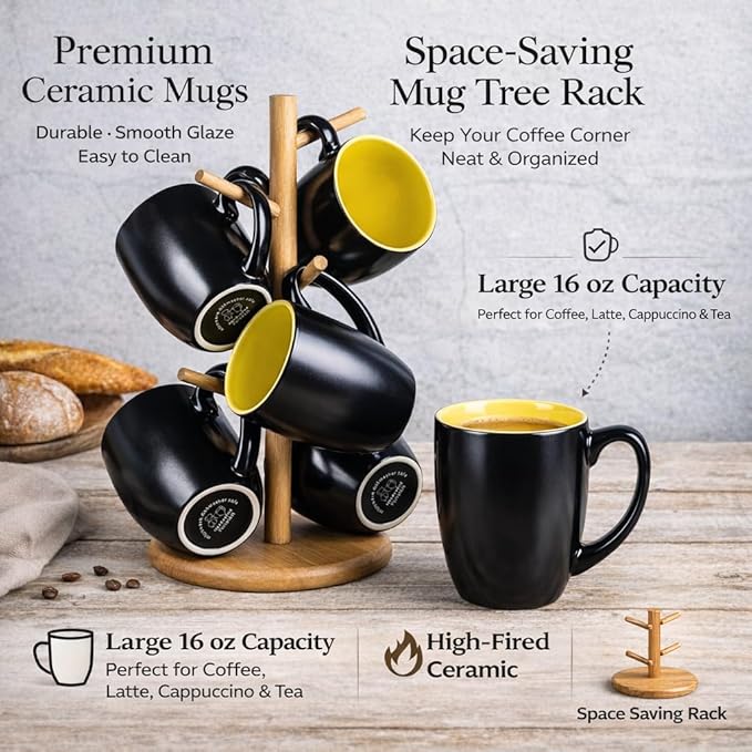 GBhome 12oz Coffee Mugs Set of 6, Large Ceramic Coffee Mugs for Man, Woman, Dad, Mom, Modern Coffee Mugs Set with handle for Tea/Latte/Cappuccino/Milk/Cocoa. Dishwasher&Microwave Safe,Yellow