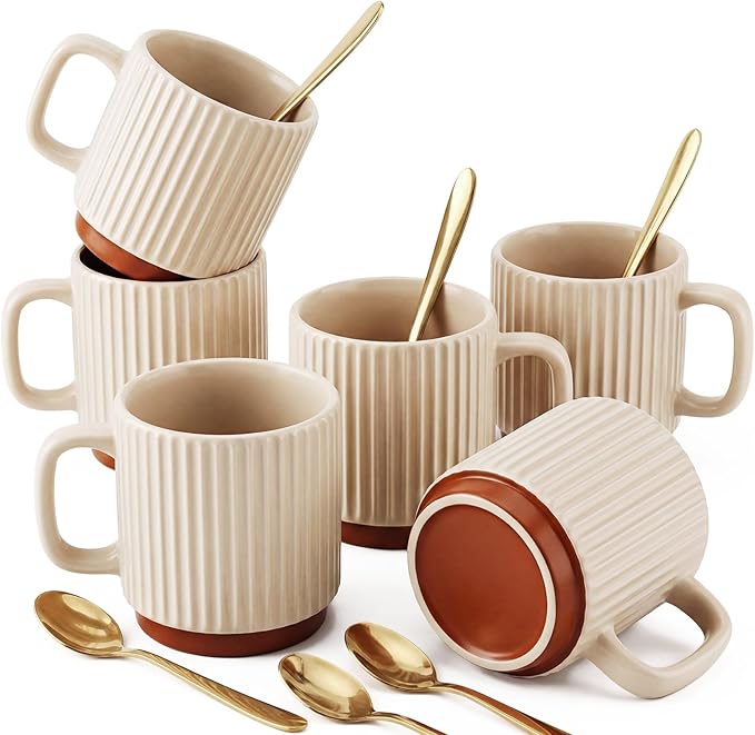 6 Set Ceramic Coffee Mugs with Spoons Set, Beige Textured Ceramic Mugs with Handle, Dishwasher Microwave Safe, Aesthetic Tea Mug for Home Office, Coffee Lover Gift