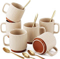 6 Set Ceramic Coffee Mugs with Spoons Set, Beige Textured Ceramic Mugs with Handle, Dishwasher Microwave Safe, Aesthetic Tea Mug for Home Office, Coffee Lover Gift