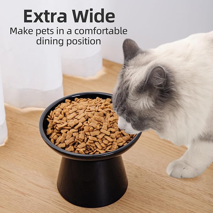 6.2 Inch Extra Wide Elevated Ceramic Cat Bowls, Food and Water Bowl Set for Elder Big Cats Small Dogs, Raised Design for Pet Easy Eating, Protect Cat's Spine Set of 2(Black)