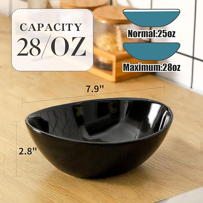 HASENSE 4Pcs Serving Bowls & Salad Bowls Set – 28oz Ceramic Mixing Bowls, Microwave & Dishwasher Safe, Stackable for Space-Saving – Ideal for Pasta, Fruit, Side Dishes, Soup, Black