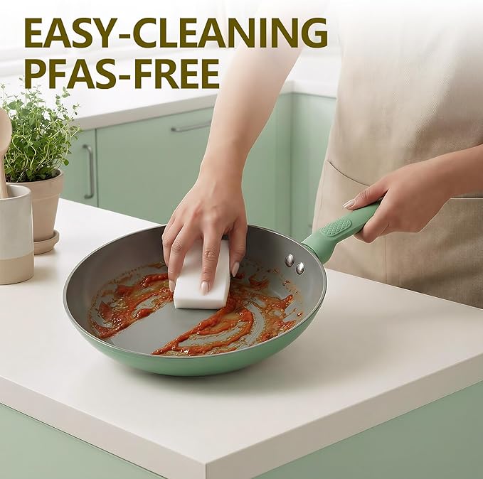 Non Stick Frying Pan Skillet,Egg Pan,Omelet Pan,PFOA Free,8 Inch Ceramic frying pan,Induction with all cooktops,non-slip grip.Green