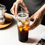 JunVpic Glass Tumbler with Straw and Lid, 20 OZ Clear Iced Coffee Glasses Cups for Ice Water, Juice, Tea, Milk, Smoothie and Cold or Hot Drinks, Set of 2