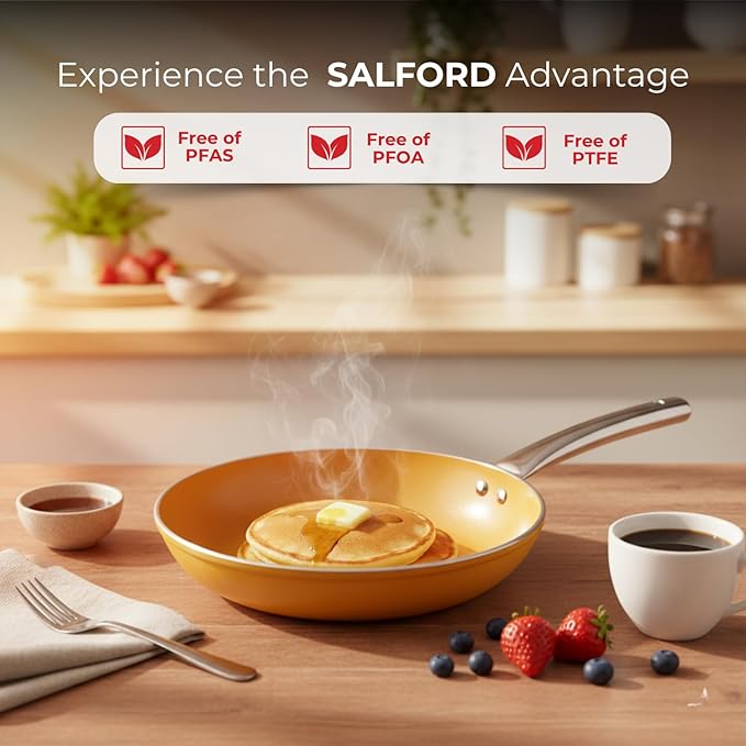 SALFORD 9.7 Inch Nonstick Frying Pan - Ceramic Forged Skillet for Egg Omelet & Pancakes with Bakelite Handle Chef Pan, Induction Compatible - PTFE, PFAS & PFOA Free