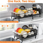 Urackify Large Dish Drying Rack, Expandable Dish Racks for Kitchen Counter, Multifunctional Dish Drainer with Utensil Holder & Cup Holder, 18.5"-26.7" L x 12.7" W, Black