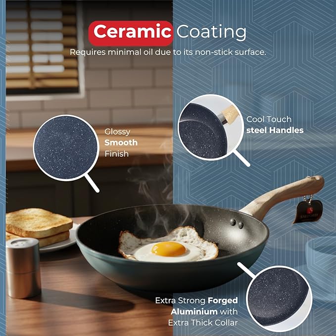 SALFORD 9.7 Inch Nonstick Frying Pan - Induction Compatible Ceramic Forged Skillet for Egg Omelet & Pancakes with Bakelite Wooden Handle Chef Pans - PTFE, PFAS & PFOA Free