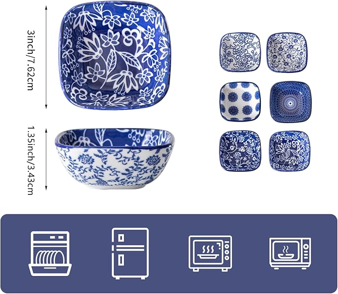 Square Dipping Bowls Set - Mini 2.6 OZ Ceramic Soy Sauce Dishes - 3 inch Small Bowls for Charcuterie, Condiments, Side Dish BBQ, Ramekins Pinch Bowls for Kitchen Prep - Set of 6 - Vintage Blue