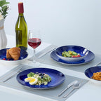 Bestone 12 Piece Round Kitchen Dinnerware Sets,Plates and Bowls sets,Dishes, Plates, Bowls, Dish Set，Plates and Bowls,Service for 4, Chip Resistant Porcelain ，Starburst Turquoise Dark Blue