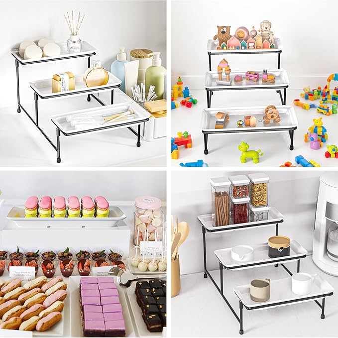 3 Tier Serving Tray for Party, 14"x7" Tiered Serving Platters with Steel Display Stand for Sevring Food,Cookies,Veggie, Dessert,Fruit, Black