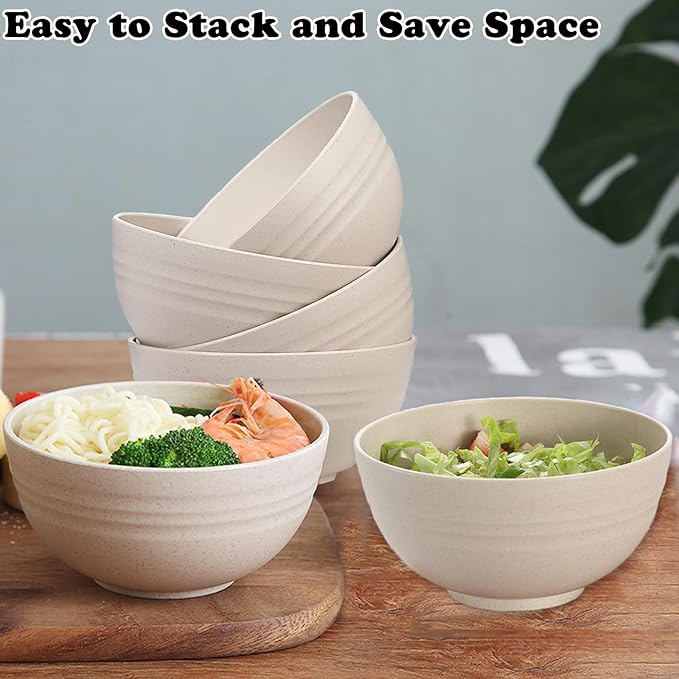 Unbreakable Wheat Straw Cereal Bowls Set of 4, 24 OZ Microwave and Dishwasher Safe Lightweight Soup and Salad Bowl Sets, Reusable Dessert Bowls for Rice, Pasta, Snack, Fruit, BPA Free (Beige)