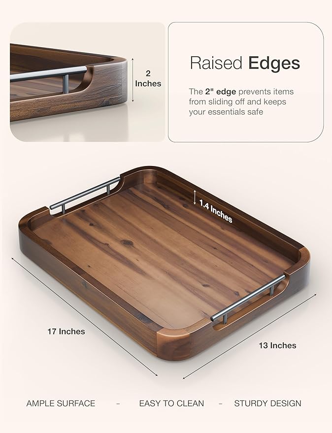 TIDITA Ottoman Tray for Living Room – 17"x13" Rectangle Serving Tray with Handles – Acacia Wooden Tray for Coffee Table, Living Room, Breakfast in Bed – Decorative Trays for Ottoman (Walnut Color)