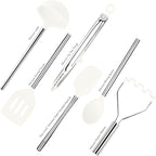 Tovolo Silicone Cooking Utensil Set of 6 Stainless Steel Handle Ladle Slotted Turner Tongs Flex Core Spatula Scraper Mixing Spoon & Potato Masher, Dishwasher Safe BPA Free Utensils, White