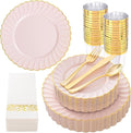 YOUBET 175PCS Pink Scalloped Plastic Plates - Gold Disposable Dinnerware Set Include 50 Plates, 75 Gold Silverware, 25 Cups, 25 Napkins for Party & Wedding & Baby Shower Mothers Day