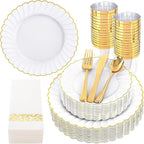 YOUBET 175PCS Gold Scalloped Plastic Plates - White and Gold Disposable Dinnerware Set Include 50 Plates, 75 Gold Silverware, 25 Cups, 25 Napkins for Party & Wedding