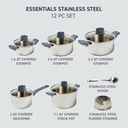 T-fal Essentials Stainless Steel Cookware Set 12 Piece, Induction Compatible, Oven Safe 350F, Cooking Set w/Stewpots, Stockpot, Saucepan, Lids & Tools, Measuring Marks, Dishwasher Safe, Silver/Blue