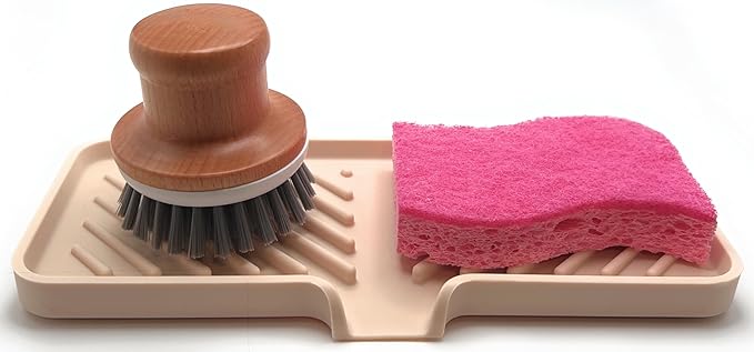 Happitasa Silicone Soap Dish Tray and Sponge Holder with Drain Chute and Feet | 3-Way Sloped Design | Bathroom and Kitchen Sink Organizer Caddy (Sand Dollar, 10"x4", 7.8 Ounces)