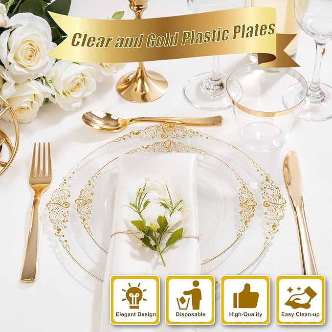 Hioasis 300pcsClear and Gold Plastic Plates - Disposable Dinnerware Set Perfect for 50 Guests include 50 Dinner Plate, 50 Dessert Plate, 50 Forks,50 Spoons, 50 Knives, 50 Cups (NO Napkins Included)