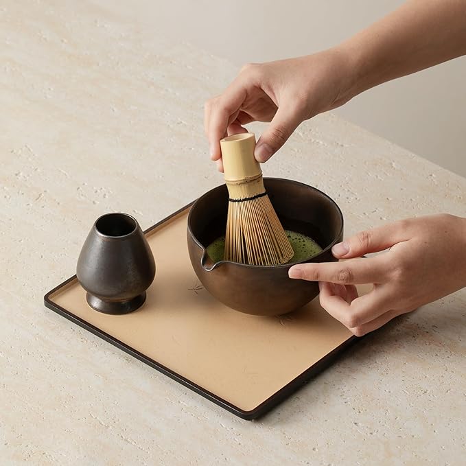 Matcha Whisk Set, Matcha Set with Ceramic Matcha Bowl, Bamboo Whisk & Holder, Sifter, Tea Scoop (Black Gold)