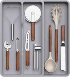 Lifewit Utensil Organizer for Kitchen Drawer, Expandable Cooking Silverware Tray, Adjustable Cutlery Flatware Holder, Plastic Spatula Tools Storage Divider, 14.4 x 15.8", Gray