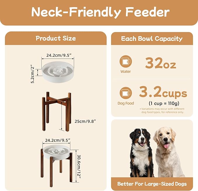 Havniva Ceramic 3.2 Cup Raised Slow Feeder Dog Bowl Set, Elevated Acacia Wood Stand for Large Dog, 9.5inch Slow Dish, Preventing Choking(Single Bowl+ Stand, Reactived Glaze -White)