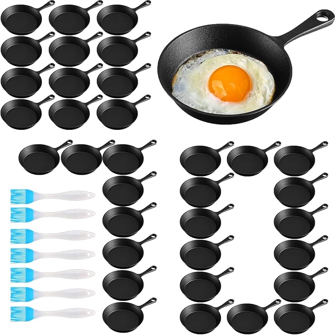 Remerry 70 Sets 4 Inches Cast Iron Skillets Mini Black Iron Nonstick Frying Pan Small Sizzling Plate Egg Pan Cast Pot Bundle with Oil Brush for Indoor and Outdoor Restaurant Kitchen