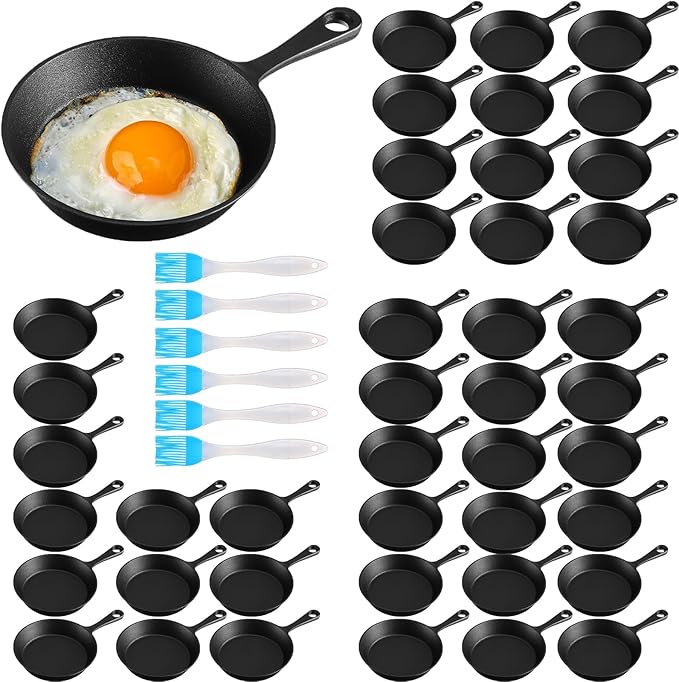 Remerry 60 Sets 4 Inches Cast Iron Skillets Mini Black Iron Nonstick Frying Pan Small Sizzling Plate Egg Pan Cast Pot Bundle with Oil Brush for Indoor and Outdoor Restaurant Kitchen