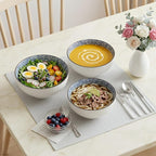 QINLANG Large Soup Bowls, Pho & Ramen Set of 3, 60 oz Blue & White Porcelain - Floral Pattern