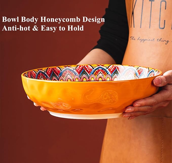 Boho Large Serving Bowls, 10.2 Inch Fruit Salad Bowls, Decorative Serving Dishes for Entertaining, 80 OZ Pasta Bowls Set of 2, Vibrant Colorful Soup Bowls for Party, Home Decor, Bohemian Style Gift