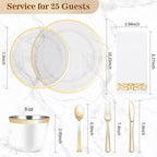 BESTVIP 175PCS Clear Gold Disposable Dinnerware Set for 25 Guests, Plastic Plates for Party, Wedding, Christmas, Include: 50Plastic Plates, 25 Gold Silverware, 25 Cups, 25 Napkins