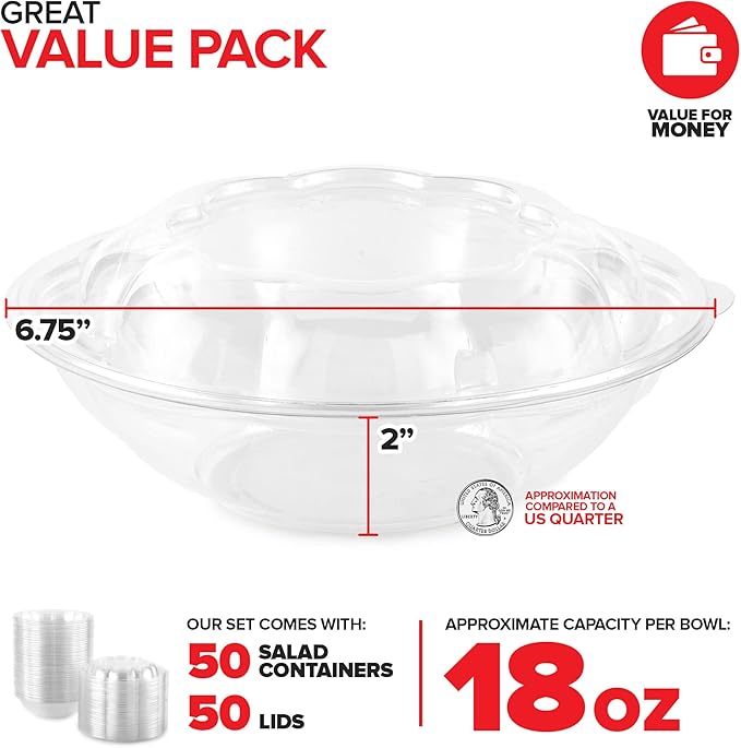 Stock Your Home 18oz Clear Plastic Salad Bowls with Lids Disposable (50 Pack) Mini Takeout Container with Snap on Lid for Fruit Salads, Quinoa, Lunch and Meal Prep, Acai Bowl, To-Go Party Containers