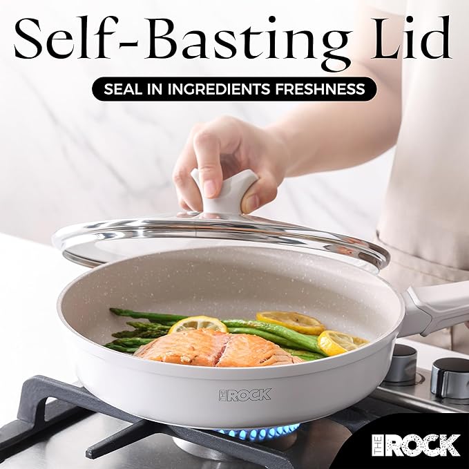 THE ROCK SOHO 9.5-Inch Non Stick Frying Pan with Lid–Nothing Sticks, Never Warps, Lasts Longer, Ceramic Non Toxic Skillet with Heat-Resistant Handle, PTFE PFOA&PFAS Free, Dishwasher Safe, Cream