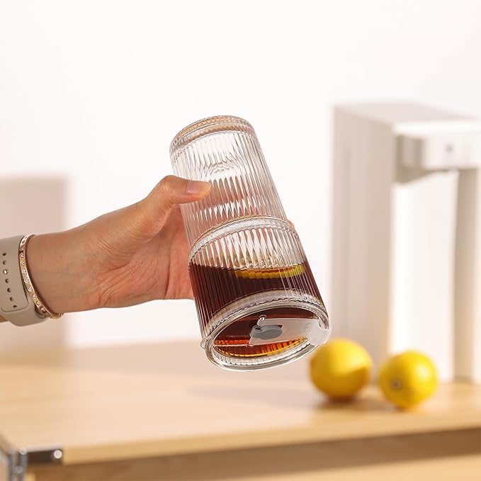 Ribbed Drinking Glasses with Lids & Straws, Leak-Proof 20oz and 15oz Glass Cups, 2PCS Glass Tumblers, Ideal for Home, Office, Outdoor Use