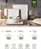 Famiware Dinnerware Sets for 8, Ocean Square 24-Piece Kitchen Plates and Bowls Sets, Microwave and Dishwasher Safe, Scratch Resistant, Cappuccino White