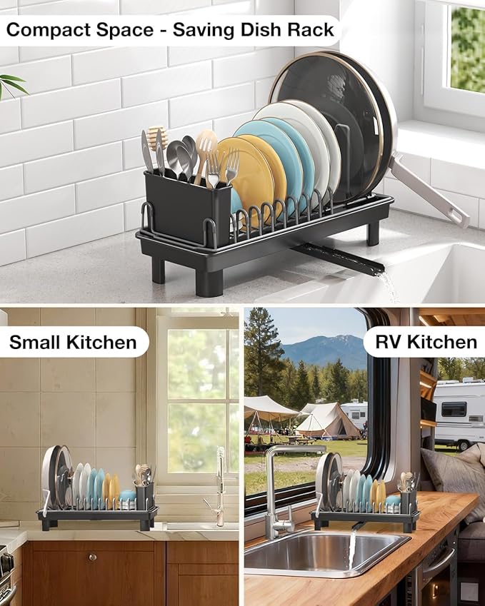 Small Dish Drying Rack Carbon Steel Dish Rack Rustproof for Kitchen Counter Compact Dish Drainer with Adjustable Slots for Small Kitchens & Apartments 16.5×6.5×7inch Black