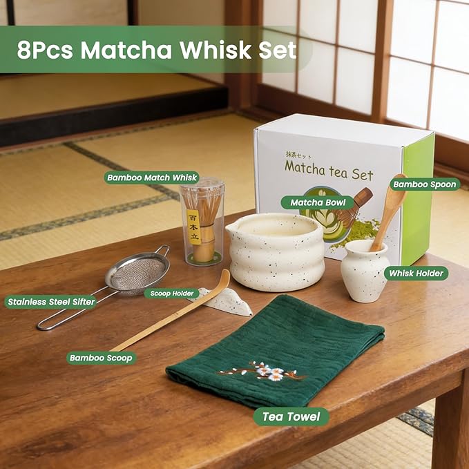 Matcha Whisk Set 8Pcs, Ceramic Japanese Tea Handmade Speckled Bowl Kit, Ceremony Starter Making Gifts, Boho Complete Fellow Matcha Tools Accessories with Spout Spoon Chasen Holder Sifter Tea Cloth