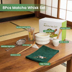 Matcha Whisk Set 8Pcs, Ceramic Japanese Tea Handmade Speckled Bowl Kit, Ceremony Starter Making Gifts, Boho Complete Fellow Matcha Tools Accessories with Spout Spoon Chasen Holder Sifter Tea Cloth