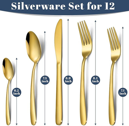 60-Piece Gold Silverware Set - Stainless Steel Silverware Set for 12, Includes Forks Spoons and Knives, Utensil Sets for Home Kitchen Restaurant, Dishwasher Safe