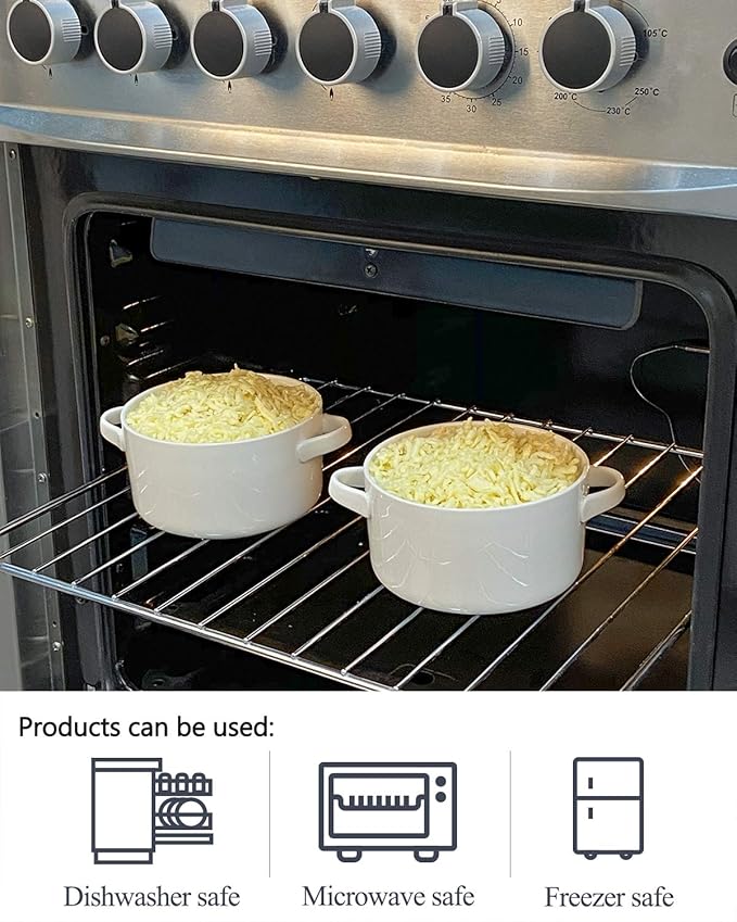DELLING Soup Bowls with Handles Set of 6, 24 Oz Ceramic French Onion Soup Crocks Oven Safe - Large Soup Mugs for Chili Stew Cereal, Microwave Dishwasher Safe, White