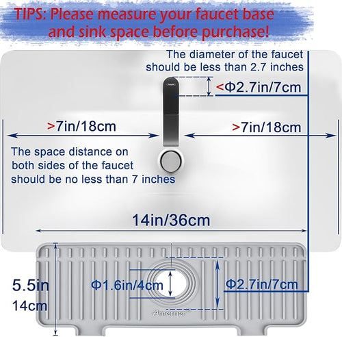 Amerner Kitchen Sink Splash Guard, Silicone Faucet Guard & Draining Mat, 10° Large Slope Sink Faucet Mat Splash Guard, Bathroom Sink Organizer, Kitchen Sink Accessories Gadgets, 14.2” x 5.1”, Gray