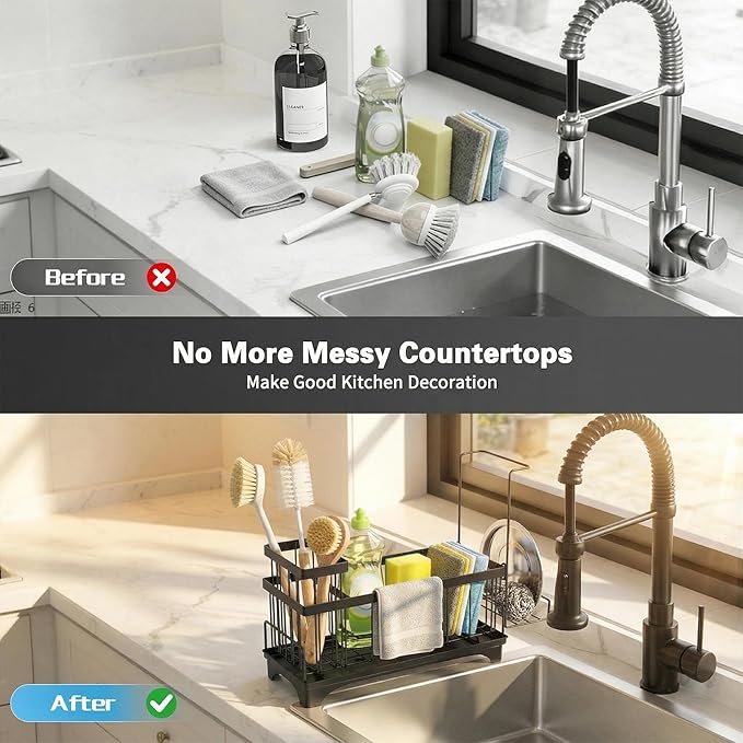Sponge Holder for Kitchen Sink, Kitchen Sink Caddy Organizer with Detachable Cloth & Brush Holder, Auto Draining Countertop Organizers & Storage Essentials Accessories with 360° Rotatable Spout(Black)