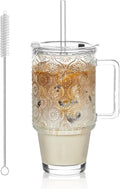 KEMORELA 24 Oz Ribbed Glass Tumblers with Lids and Straws, Tumbler Cup with Handle, Iced Coffee Glassware, Clear Reusable Drinkware for Smoothies and Beverages(1)